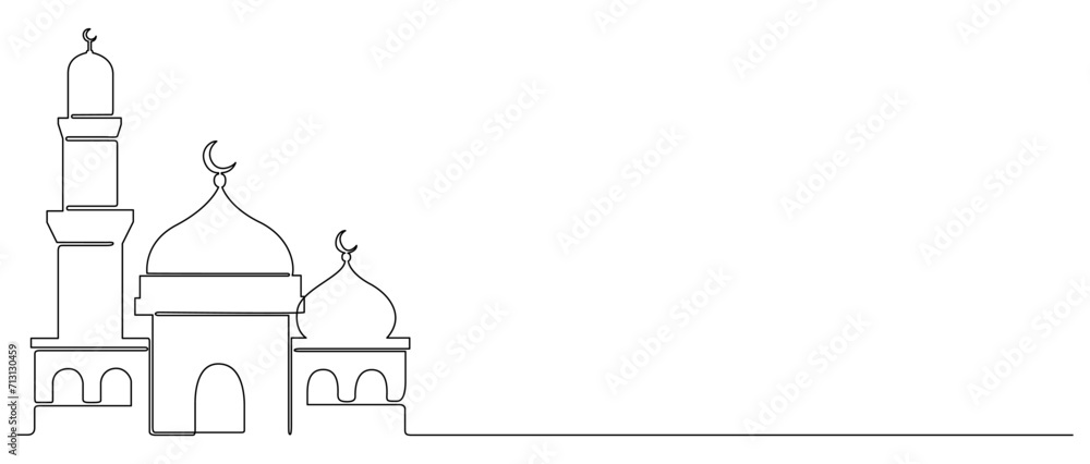 islamic mosque drawing one continuous line. Happy Eid Mubarak, Eid Fitr, Ramadan Kareem. Muslim religion holiday celebration free hand drawn outline line art minimalism style.