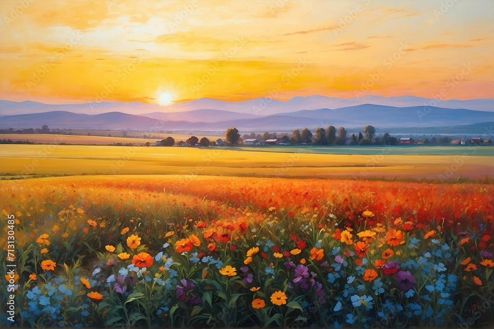 Sunset dawn of sun over flower field oil painting with acrylic