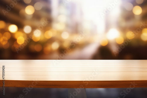 Wooden table bokeh city view background  empty wood desk tabletop counter surface product display mockup with blurry cityscape lights abstract backdrop presentation. Mock up  copy space.