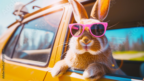 Cute Easter Bunny with sunglasses looking out of a cute car. Easter bunny rides. AI Generative