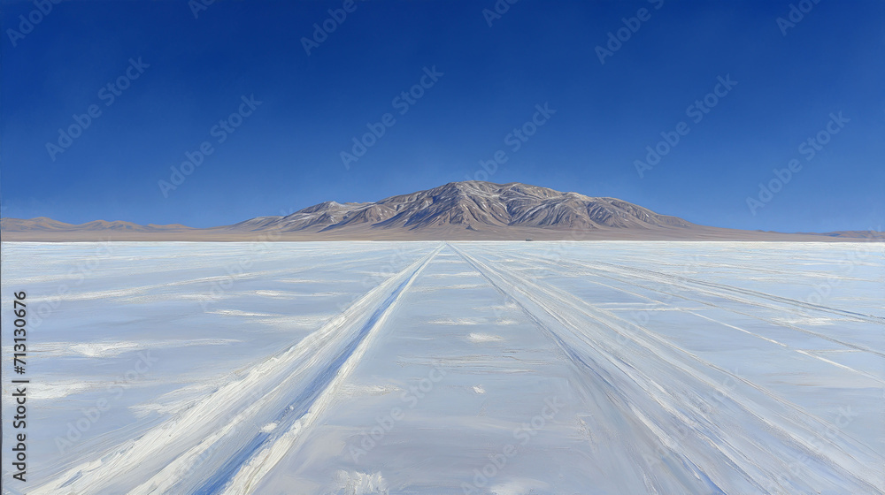 A vast expanse of white salt flats stretches towards a majestic mountain range under a clear blue sky A vast expanse of white salt flats stretches towards a majestic mountain range under a clear blue sky