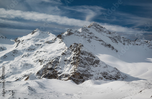 Snow covered mountains  Elbrus ski resort. The part of caucasisan mountains range.