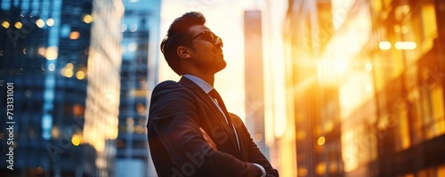 Happy wealthy rich successful indian business man standing in big city modern skyscrapers street on sunset thinking of successful future vision photo