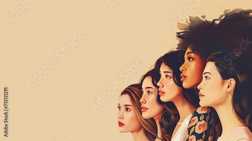 multicultural beauty faces international models girls group bonding standing isolated on beige background