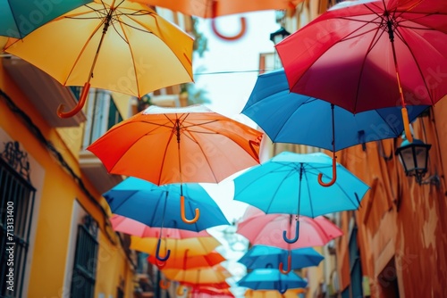 Colorful umbrellas hanging from the side of a building. Great for adding a vibrant touch to any urban scene