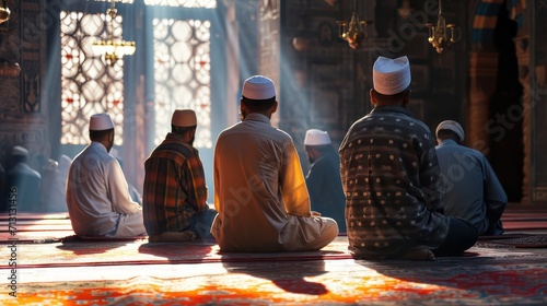 A group of Muslims are praying in congregation with takbir poses in the mosque photo