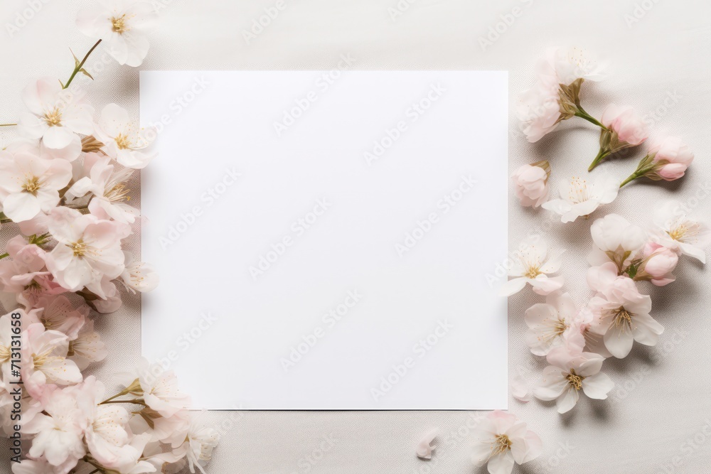 blank piece of paper on the table with pastel color spring cherry blossom flowers mockup blank piece of paper on the table with pastel color spring cherry blossom flowers mockup