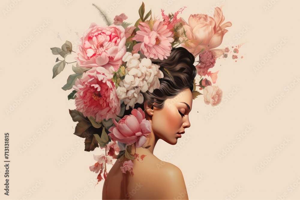 woman with pink peony flowers and plants in her hair beautiful inspiring illustration isolated on beige background. fashion, floristry and style. beauty salon, tote bag, t shirt print.