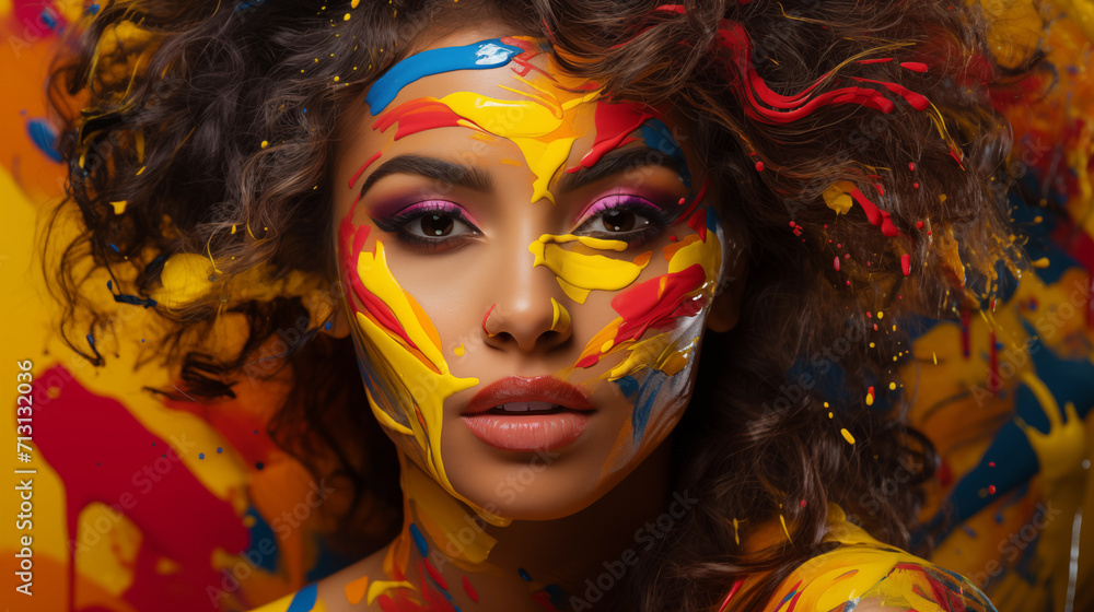 Portrait of a girl with multicolored paints on her face.