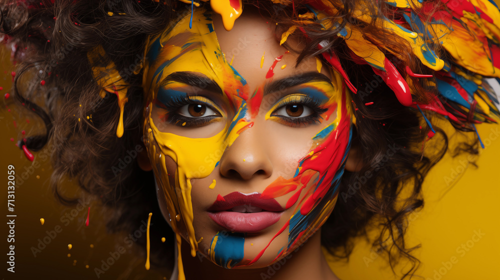 Portrait of a girl with multicolored paints on her face.