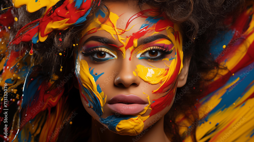 Portrait of a girl with multicolored paints on her face.