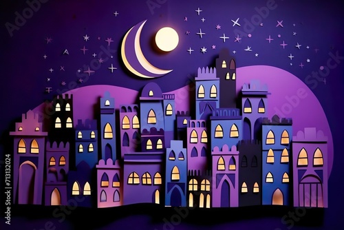 Paper quilling City night Landscape, purple Town Scene, Paper Art, Wallpaper Background, AI generated