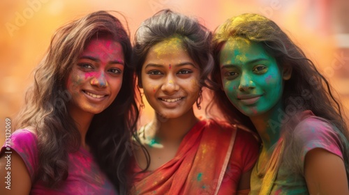 Portrait Of Three Young Indian Women With Colored Face During Holi Color festival