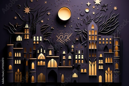 Paper quilling City night Landscape, purple Town Scene, Paper Art, Wallpaper Background, AI generated