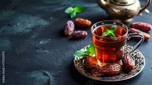 Ramadan food and drinks concept. Ramadan tea and dates fruits on dark background.