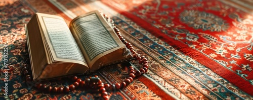 Rehal with open Quran and Muslim prayer beads on rug indoors. Space for text photo