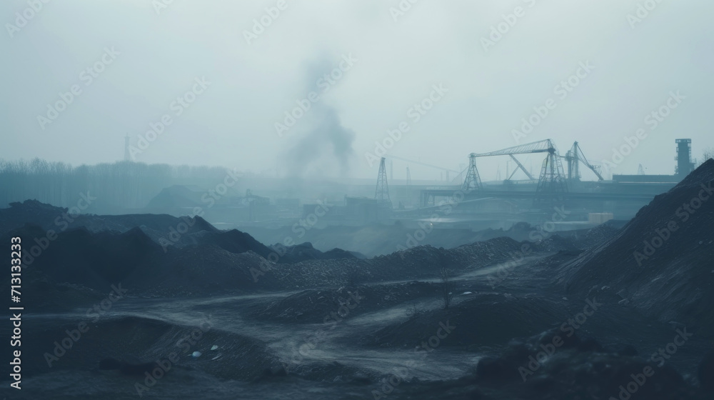 Coal mining industrial landscape. Heavy pollution, smoke, dust, ruined ecosystem. Generative AI - obrazy, fototapety, plakaty 