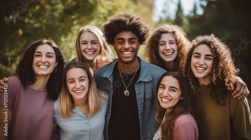 Young diverse people smiling on camera outdoor