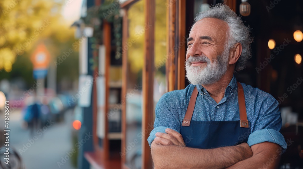 Happy smiling confident european middle aged older adult man small local business owner standing outside own cafe looking away and dreaming - obrazy, fototapety, plakaty 