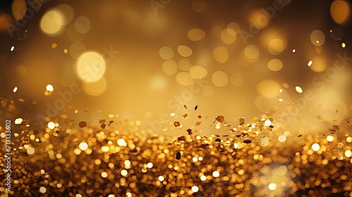 golden confetti falling on gold background. festive bokeh background