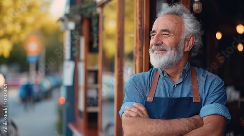 Happy smiling confident european middle aged older adult man small local business owner standing outside own cafe looking away and dreaming photo