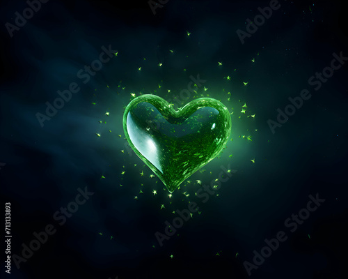 Green heart on a dark background. 3d rendering. 3d illustration.