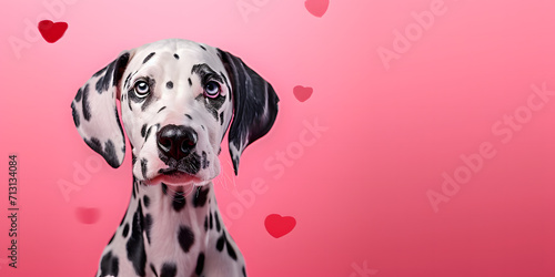 portrait of a dog. dalmatian dog on a Pink Love Background: Valentine's Day, Romance, and Love Concept. Generative Ai 