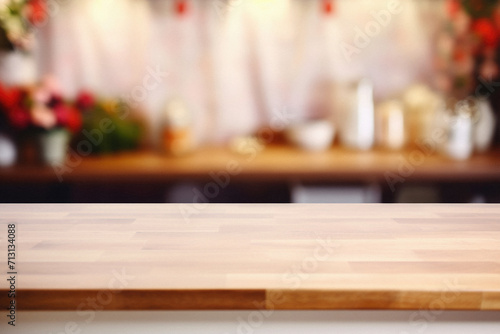 Wooden kitchen home table bokeh background, empty wood desk tabletop food counter surface product display mockup with blurry cafe abstract backdrop advertising presentation. Mock up, copy space. © Synthetica