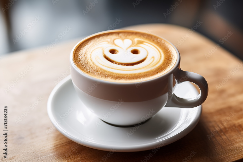 Cup of latte with smiling latte art coffee, hot coffee, Cappuccino art, wooden table background. Generated AI Cup of latte with smiling latte art coffee, hot coffee, Cappuccino art, wooden table background. Generated AI