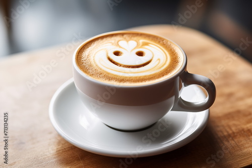 Cup of latte with smiling latte art coffee  hot coffee  Cappuccino art  wooden table background. Generated AI