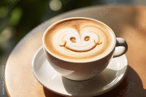 Cup of latte with smiling latte art coffee  hot coffee  Cappuccino art  wooden table background. Generated AI