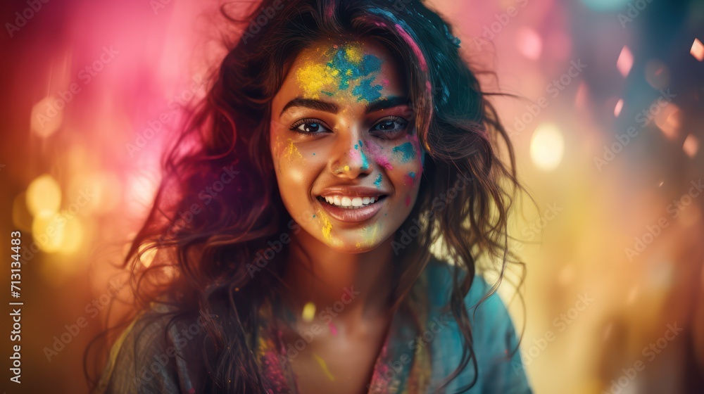 Portrait of young Indian Woman celebrating Holi color festival