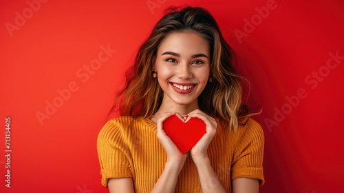 Portrait of attractive cheerful girl showing heart sign romance isolated over vibrant red color background photo