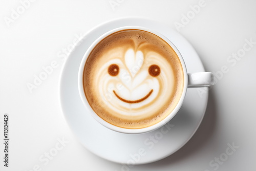 Cup of latte with smiling latte art coffee, hot coffee, Cappuccino art, white isolated background. Generated AI