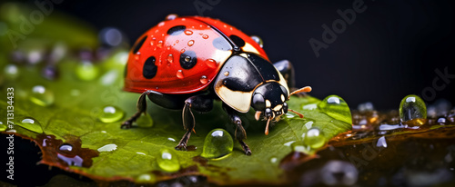 Close-up of a vibrant red ladybug on a dewy green leaf