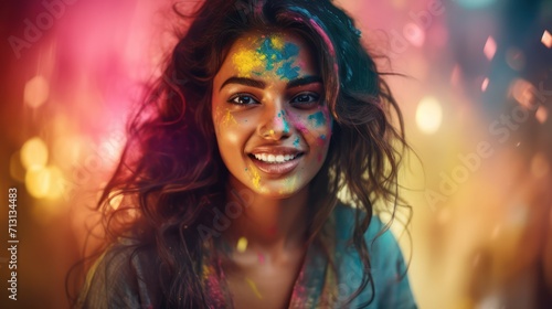 Portrait of young Indian Woman celebrating Holi color festival © ANStudio