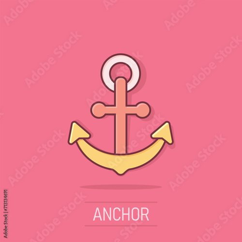 Boat anchor sign icon in comic style. Maritime equipment vector cartoon illustration on white isolated background. Sea security business concept splash effect.