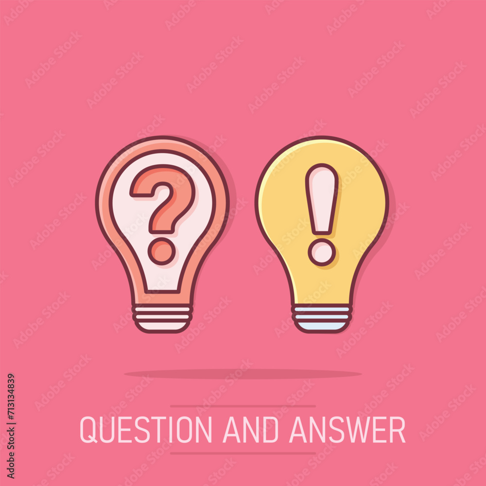 Fototapeta premium Problem solution icon in comic style. Light bulb idea vector cartoon illustration on isolated background. Question and answer business concept.