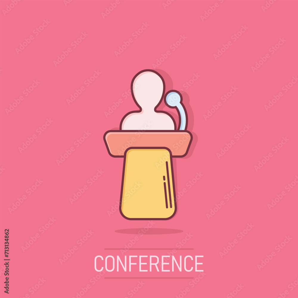 Public speach icon in comic style. Podium conference vector cartoon illustration on isolated background. Tribune debate business concept splash effect. Public speach icon in comic style. Podium conference vector cartoon illustration on isolated background. Tribune debate business concept splash effect.