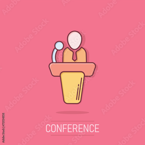 Public speach icon in comic style. Podium conference vector cartoon illustration on isolated background. Tribune debate business concept splash effect.
