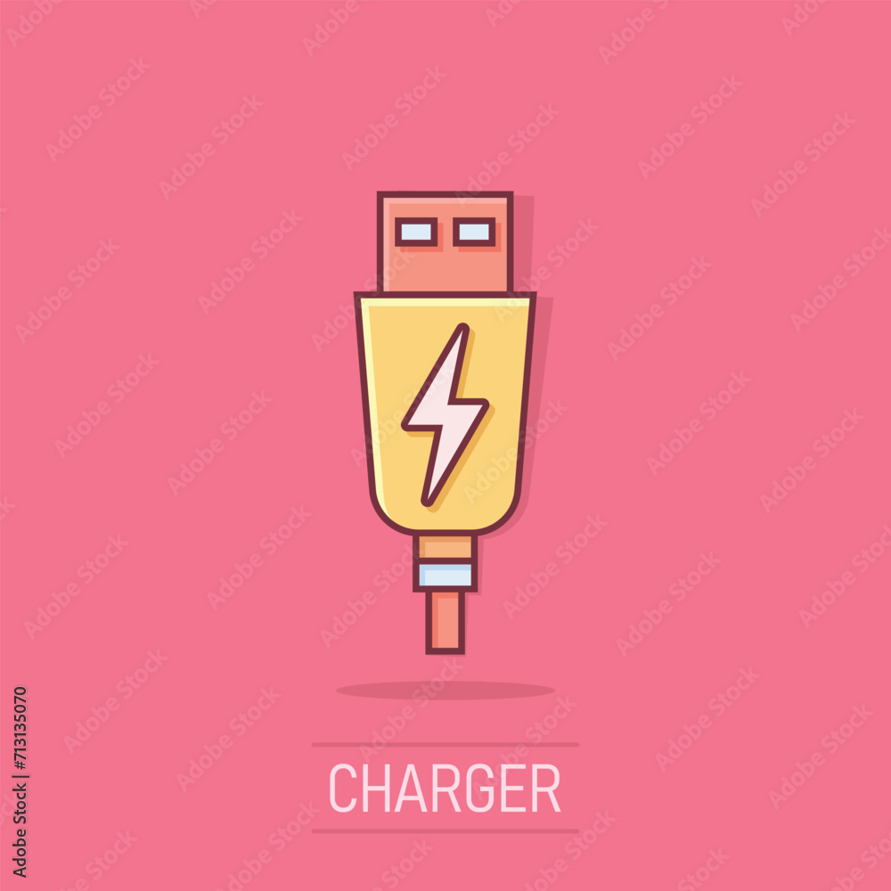 Usb cable icon in comic style. Electric charger vector cartoon illustration on isolated background. Battery adapter splash effect business concept. Usb cable icon in comic style. Electric charger vector cartoon illustration on isolated background. Battery adapter splash effect business concept.
