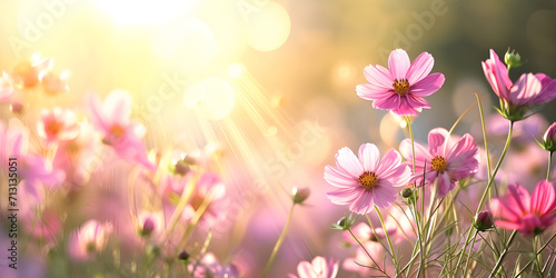 spring flowers in the garden   Soft and blur cosmos flowers with sunlight for background.   Field pink cosmos flower with vintage toned. © HijabZohra