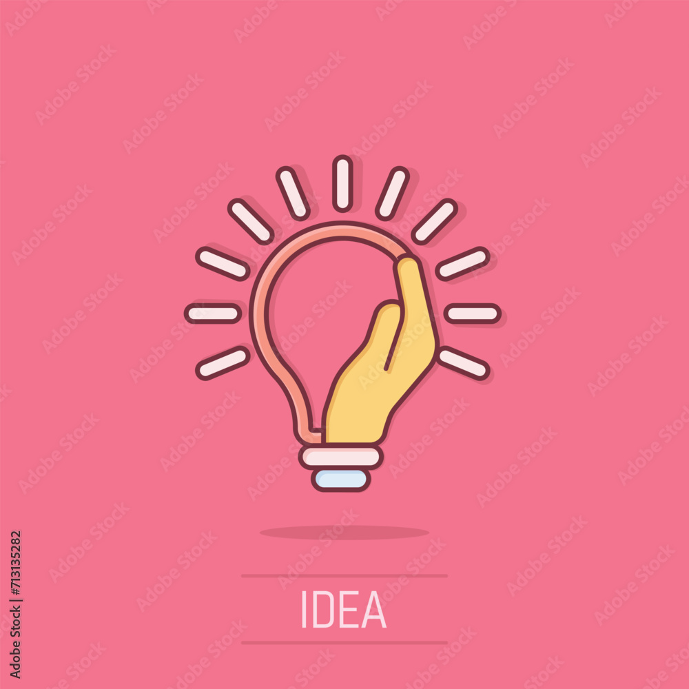 Fototapeta premium Lightbulb in hand icon in comic style. Bulb cartoon vector illustration on isolated background. Lamp splash effect business concept.