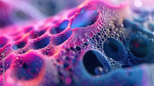 The surface of the skin under the zoomed microscope. Molecules and skin cells, molecular grid in close-up. 3d render illustration