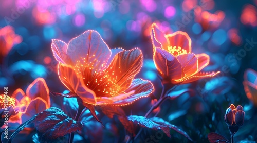 Vibrant circuits blossom into neon flowers.