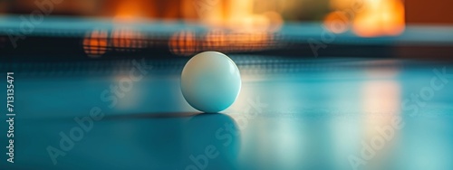 Banner. Close up photo of white ping pong ball resting on blue table tennis table. Net in background. photo