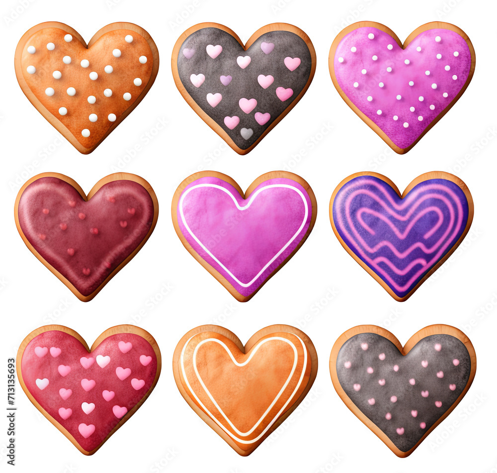 Set of Heart Love shape cookies colourful #04 cutout on transparent background. Valentine's day-wedding. advertisement. product presentation. banner, poster, card, t shirt, sticker.
