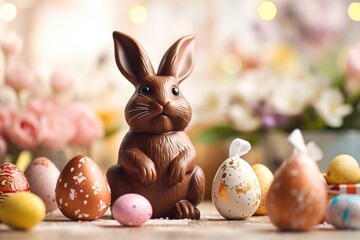 tasty chocolate easter bunny stand on table