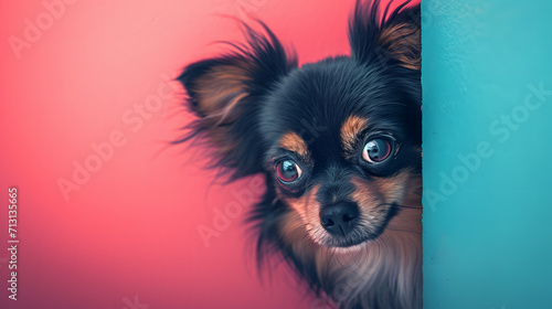 portrait of a chihuahua dog puppy peeking over pastel bright background. advertisement, banner, card. copy text space. birthday party invite invitation	 photo