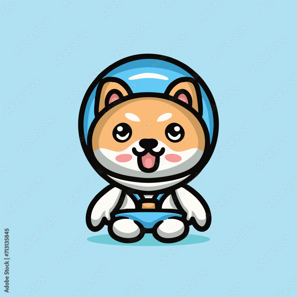 Naklejka premium Cute Dog Shiba Inu Astronaut Mascot Cartoon Animal Vector Logo Design illustration